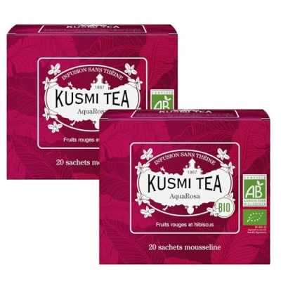 Image de Kusmi Tea AquaRosa Lot de 2 boîtes Infusion Bio Mélange Aromatisé d&#039;Hibiscus, Baies Noires et Fruits sans Théine À Déguster Chaud ou en Thé Glacé 2x20 Sachets