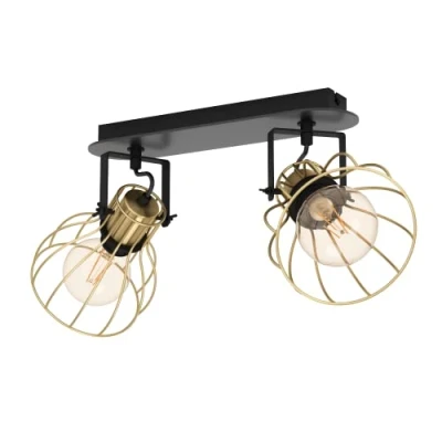 Image de Eglo Rail spot Sambatello, rampe de 2 spots orientables, barre pivotants, plafonnier en métal noir et laiton brossé, lampe plafond avec douille E27