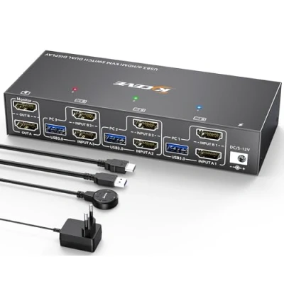 Image de Switch KVM USB 3.0 HDMI 2 Moniteurs 3 Ordinateurs, Commutateur YOUTINGHDAV 4K@60Hz EDID 2.0, Dual Monitor PC partage Clavier, souris, avec télécommande filaire et 5 câble