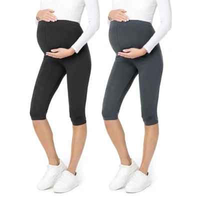 Image de Be Mammy leggings de Maternité en coton 3/4 courts confortables et opaques Pantacourt Pantalon Grossesse 2Pack BE20 229 (2Pack Noir/Graphite XL)
