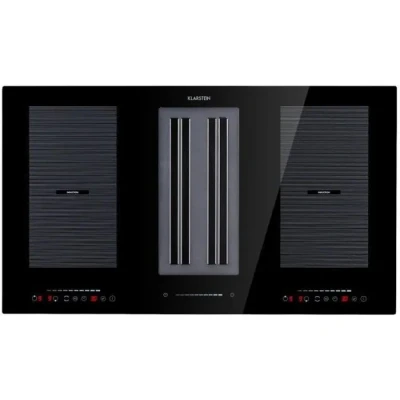 Image de KLARSTEIN Full House DownAir Table à induction avec hotte aspirante, Encastrée, Autonome, 90 cm, 4 zones, 2 zones flexibles, 7110 W, 271 m3 / h de capacité d&#039;extraction d&#039;air Noir
