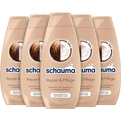 Image de Schauma Schwarzkopf shampooing réparateur et soin (5 x 400 ml), lissant pour cheveux abîmés secs, à l&#039;extrait de noix coco