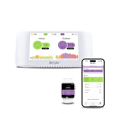 Image de IQAir moniteur de qualité l&#039;air intérieur [PM2.5, AQI, detecteur CO2, testeur humidité, capteur temperature connecté], Air Quality Monitor [Wi Fi, WLAN, App, 5 Display (12.7 cm)]