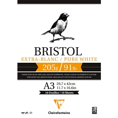 Image de Clairefontaine 96172C Bloc Collé Bristol 20 Feuilles Papier Blanc Extra Lisse A3 29,7x42 cm 205g Idéal pour le Dessin Technique à la Plume