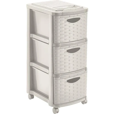 Image de M Home COMMODE de Rangement / 3 Tiroirs + Roulettes Plastique Imitiation Osier Beige Clair Ficelle 29 x 39 65 cm RATTAN M3 PLS6246 15