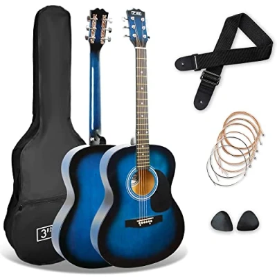 Image de 3rd Avenue Pack Guitare Acoustique 4/4 Taille Standard avec Cordes en Acier pour Débutants, Housse, Médiators et Jeu de Rechange Bleu