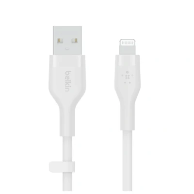 Image de Belkin Câble USB A vers Lightning BoostCharge Flex en silicone (2 m), certifié MFi, pour iPhone 13, 12, 11, Pro, Max, mini, SE, iPad, etc. (blanc)