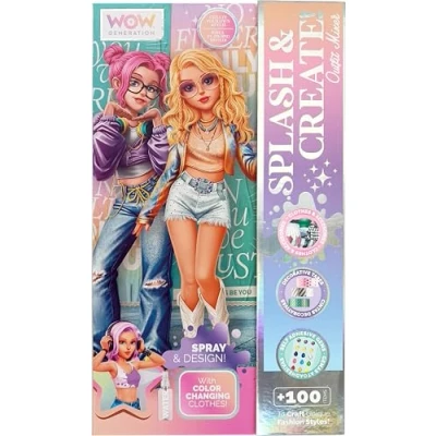 Image de WOW GENERATION Splash and Create Set de mode créatif pour filles, jouet éducatif créer des tenues avec spray d&#039;eau et pierres décoratives, transforme les vêtements en noir blanc couleur