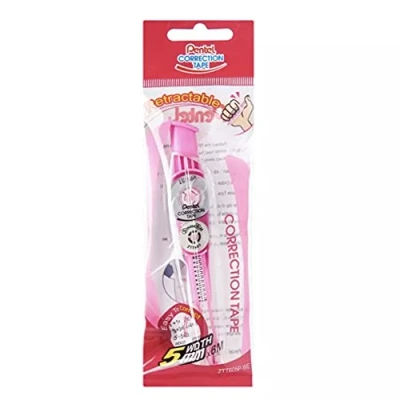 Image de Pentel Correction Tape ZTT605 Ruban correcteur rétractable, bande de 5 mm x 6 m, Corps tranparent et rose