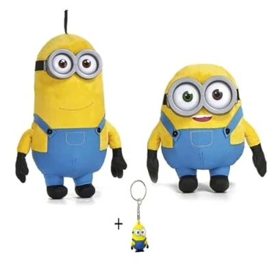 Image de Play by Minions Rise of Gru Lot de 3 peluches qualité supérieure Bob, Otto, Kevin, Stuart, Dave avec yeux en PVC Licence originale (Bob + Kevin porte clés 3D)