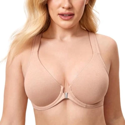 Image de DELIMIRA Soutien Gorge Fermeture Devant Grande Taille avec Armature Decollete Plongeant Dos Nageur Non Rembourré Avoine Bruyère 115E