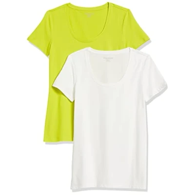 Image de Amazon Essentials T Shirt à Encolure Dégagée Coupe Classique Manches Courtes (Grandes Tailles Disponibles) Femme, Lot de 2, Blanc/Vert Citron, XXL