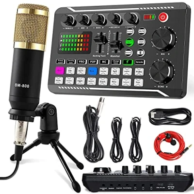 Image de ALLWIN Microphone à Condensateur Kit, Kit de Podcast Streaming Micro Table Mixage avec Carte Son en Direct, pour Enregistrement/Gaming/Podcast/Streaming/Voix Off