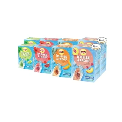 Image de Lipton Infuse à Froid, Assortiment de 4 Parfums, Boisson d&#039;été rafraichissante, Eau aromatisée healthy, Grenade Hibiscus, Pêche Framboise, Mangue Rooibos, Menthe Citron Vert, 120 sachets Pyramid