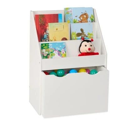 Image de Relaxdays Rangement pour la chambre d&#039;enfant, 3 compartiments ouverts, 1 case à roulettes, HLP : 69,5x50,5x28 cm, blanc
