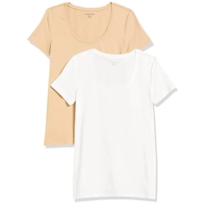 Image de Amazon Essentials T Shirt à Encolure Dégagée Coupe Classique Manches Courtes (Grandes Tailles Disponibles) Femme, Lot de 2, Blanc/Fauve Clair, S