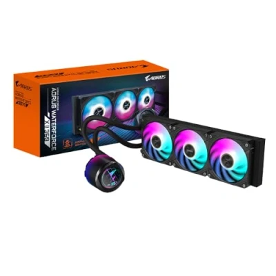 Image de Gigabyte Refroidisseur liquide pour CPU AORUS WATERFORCE X II 360 AIO 3 ventilateurs ARGB 120 mm, écran LCD couleur intégral, mécanisme d&#039;interverrouillage magnétique, DAISY CHAIN