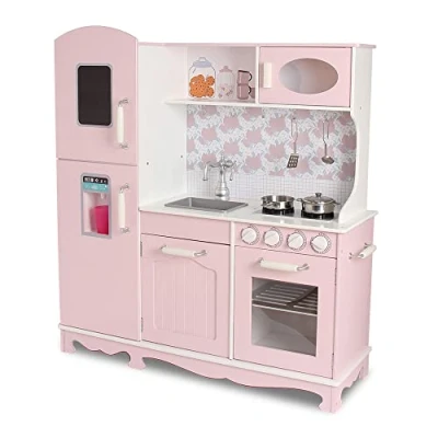 Image de DEQUBE Cuisine en Bois 3 modules Design Vintage Jouet de Grande capacité Rangement Contient des Accessoires métalliques pour Le Jeu Taille 91 x 30 102 cm Rose (913D00014)