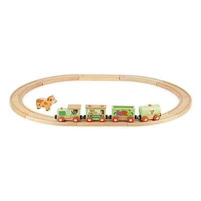 Image de Janod Train Ferme Story Circuit et en Bois Figurine Vache Incluse Jouet D&#039;Éveil Développement de la Motricité Fine Certifié FSC Peinture à l&#039;Eau Dès 3 Ans, J04630