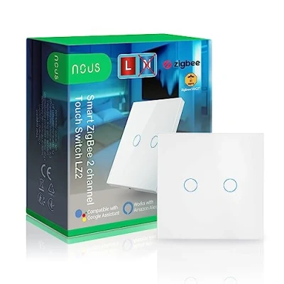 Image de ZigBee Interrupteur connecté sans neutre Nous LZ2 tactile fil 2 gang avec minuterie, Alexa domotique maison Tuya Smart Life, Nest Google Home Assistant ZigBee2MQTT. Hub 3.0 requis