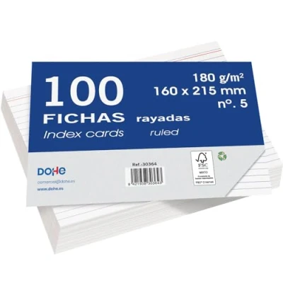 Image de Dohe Lot de 100 fiches lignées en carton Cartes pour écrire des notes, format A5 (21,5 x 16 cm), 180 g/m², n 5, fournitures bureau Blanc