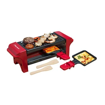 Image de Bestron Appareil a raclette, Mini Grill pour 1 à 2 personnes, avec poêlons et spatules, revêtement antiadhésif, 350 Watts, couleur: Rouge/Noir