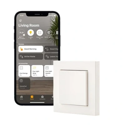 Image de Eve Light Switch (Apple Home) interrupteur mural connecté pour interrupteurs simples, va et vient télérupteurs, compatible avec les montages à plusieurs interrupteurs, Bluetooth/Thread