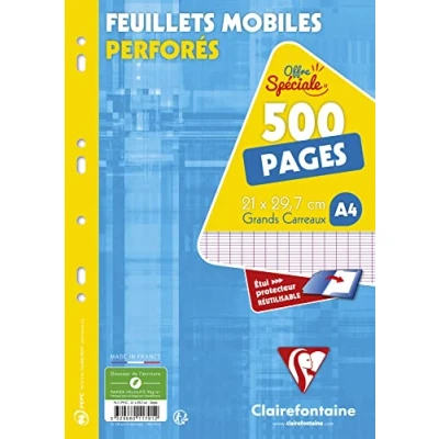Image de Clairefontaine 11791C Un Étui de Feuillets Mobiles Perforés A4 21x29,7 cm 500 Pages Grands Carreaux Papier Blanc 90 g Réutilisable
