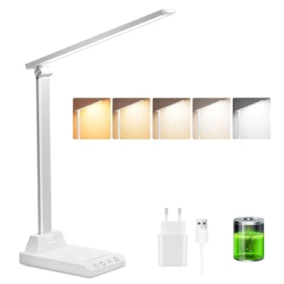 Image de Lampe de Bureau LED, Sans Fil Avec Batterie 2500 mAh, 5 Modes Couleur, Luminosité Réglable, Contrôle Tactile Protection des Yeux, pour Chevet, Bureau, Enfants Blanc