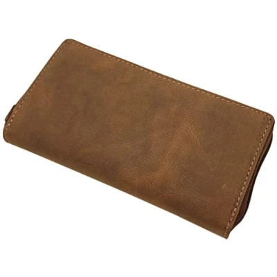 Image de myledershop Grand porte monnaie en cuir de buffle pour femme avec motif colibri ou Sans protection RFID et NFC, motif/cognac, Moderne