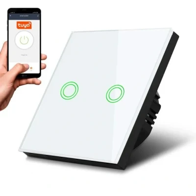 Image de Maclean MCE714W Interrupteur à contact double, SMART, Tuya APP, verre, blanc avec illumination par bouton rond, 86x86mm