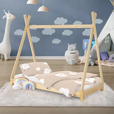 Image de ML Design Lit Simple d&#039;enfants et d`Adolescents Tipi 70x140 cm avec Sommier à Lattes, Bois Massf Naturel, Tente Indien, Cadre de pour Fille Garçon, Stable, Robuste, Jeu Intérieur