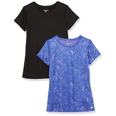 Image de Amazon Essentials T shirt à manches courtes et col rond Tech Stretch (disponible en grande taille) Femme, Lot de 2, Bleu Marbre/Noir, XS