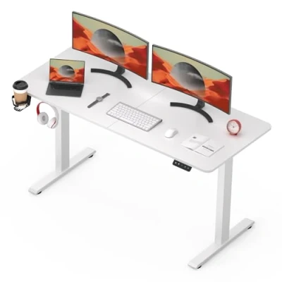 Image de SANODESK Bureau Assis Debout Électrique 140x60 cm Réglable en Hauteur avec Système Anti Collision, Panneau Clavier Contrôle à Fonctions Mémoires(Cadre Blanc+Plateau Blanc)