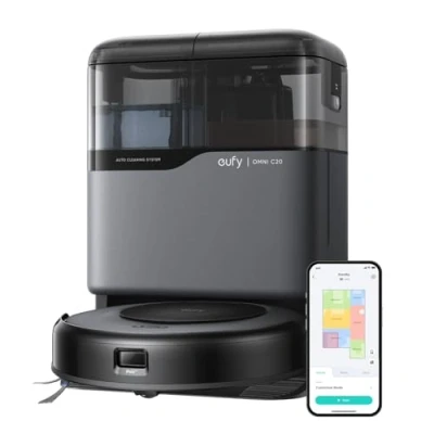 Image de eufy Robot aspirateur Laveur Omni C20 avec Station Tout en Un, autovidage, Lavage et séchage des Patins, Aspiration 7 000 Pa, Design de 8,5 cm, sols