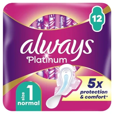 Image de Always Platinum Serviettes Hygiéniques, Taille 1, Normal, 12 Avec Ailettes, Flux Légers Jour, Format Eco, Douces et Flexibles, Super Absorbantes Ultra Fines