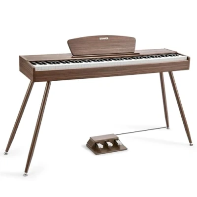 Image de Donner DDP 80 piano numérique, clavier de 88 touches, électrique complet taille standard avec support, triple pédale, connectivité MIDI et interface casque, couleur en bois noyer.