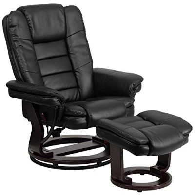 Image de fauteuil inclinable contemporain à positions multiples en cuir souple Flash Furniture Bali avec pouf, pivotant 360 degrés et ensemble Black