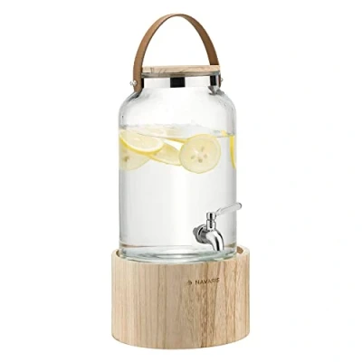 Image de Navaris Distributeur de Boisson en Verre Fontaine 5,6 L avec Robinet Couvercle poignée et support Bois Carafe Eau Boissons Froides Chaudes