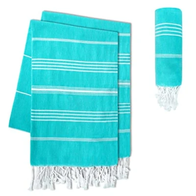 Image de LAYNENBURG Set di 2 Serviette de Plage avec Franges 100% Coton fouta hammam 100x200 cm Oeko TEX 100 Peshtemal Grande Sauna &amp; Drap Bain (Aqua)