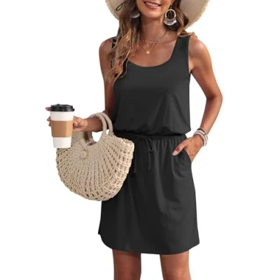 Image de WNEEDU Robe d&#039;été sans Manches pour Femmes Robes de Plage à col en U avec Cordon Serrage et Poches Noir M