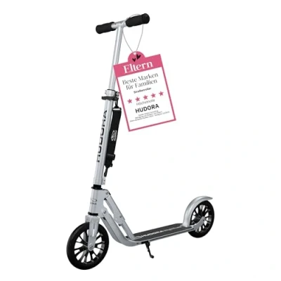Image de HUDORA BigWheel 205 Scooter Trottinette stable en aluminium Réglable hauteur &amp; pliable avec béquille sportive pour enfants adultes jusqu&#039;à 100kg, Argent