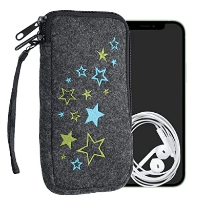 Image de kwmobile Housse de Protection pour Smartphone Compatible avec XL 6,7/6,8&quot; Sacoche Téléphone Portable en Feutre étoile Vert Clair Bleu Gris foncé