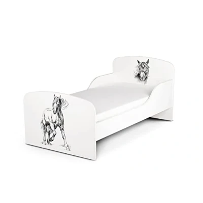 Image de Leomark Blanc Moderne Lit d&#039;enfant Toddler Mon Cheval avec Matelas et Tiroir, Chambre pour Les Enfants, Meubles Fonctionnel, Simple, Zone de Couchage 70/140 cm
