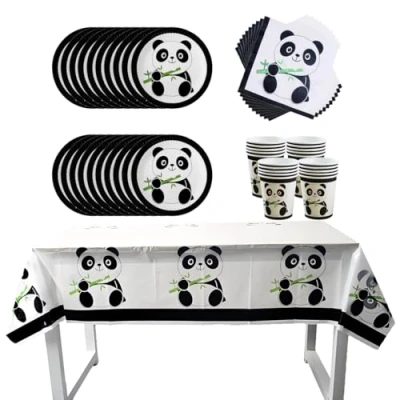 Image de Fuwraixis 61 pièces vaisselle panda, panda noir et blanc, anniversaire enfant, serviette de table nappe gobelets assiettes en papier vaisselle, pour 20 personnes