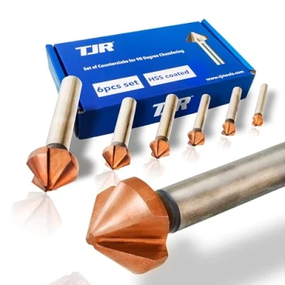 Image de TJR® Lot de 6 fraises coniques 90 1/4&quot;, 1/3&quot;, 2/5&quot;, 1/2&quot;, 2/3&quot;, 4/5&quot; HSS (4241), pour chanfreinage, acier, aluminium, laiton, bois, plastique (revêtues dans une boîte en carton)