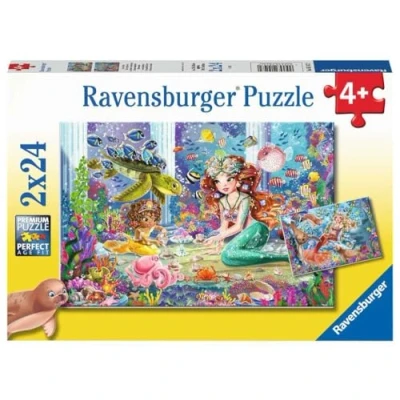 Image de Ravensburger Puzzle Zauberhafte Meerjungfrauen Kätzchen 05147 pour Enfants à partir de 4 Ans Merveilleuses sirènes 2 x 24 pièces, Jaune