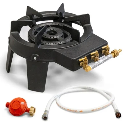Image de PROWELTEK Rechaud à gaz en Fonte véritable 4 pieds 2 bruleurs + Tuyau vis 1.50m Détendeur Propane TRIGLAV 9800