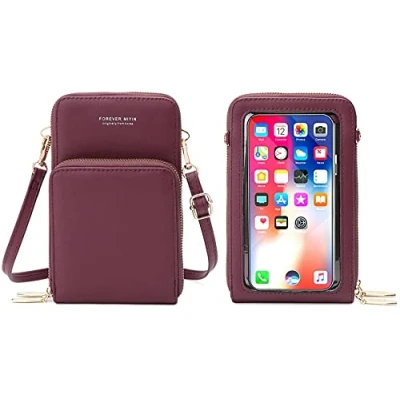 Image de RRANCharltu Sac à Bandoulière pour Téléphone Portable Femmes Ecran Tactile Cuir PU Pochette Portefeuille Femme Porte Cartes avec et Dragonne (Rouge Vin)
