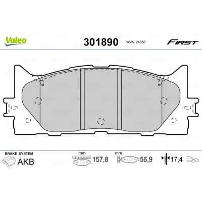 Image de VALEO 301890 Jeu de plaquettes frein FIRST Essieu avant contact signal d&#039;usure exclu sans tôle anti bruit TOYOTA: Camry VI Berline